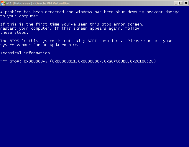 При первом запуске виртуальной машины в virtualbox 5.1.38 перед установкой windows 7 на виртуальную машину синий экран