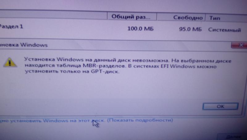 Установка винды на диск невозможна так как на диске таблица mbr разделов, в системе efi винду можно установить только