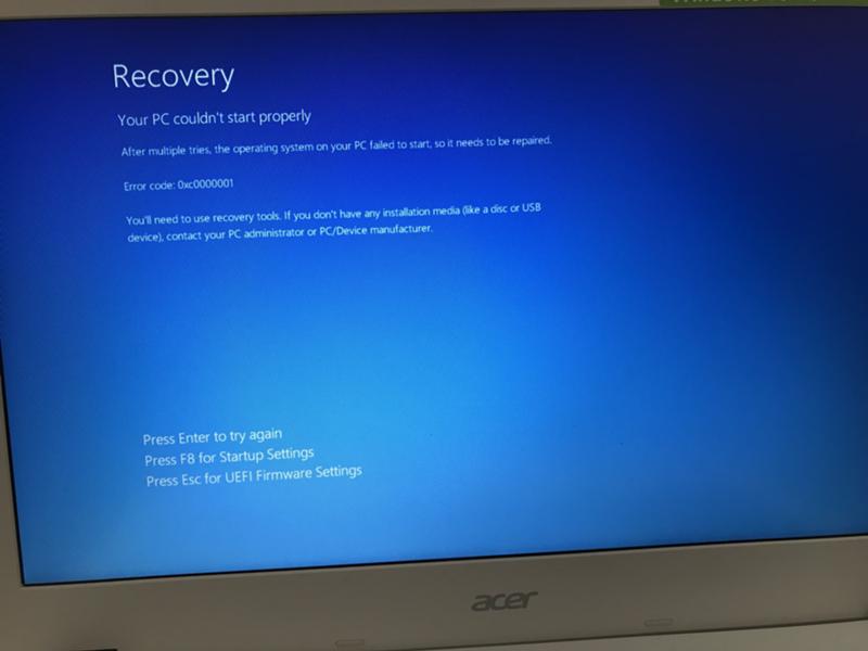Windows 10 ноут Acer e5-532-c7tb, синий экран, не открывает ни безопасном режиме ни каком другом