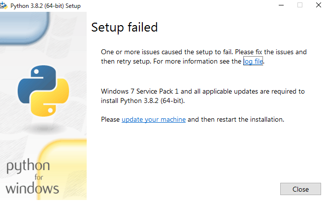 При установке Python 3.8.2 на Windows 7 SP1 на винду установил вчера ошибка