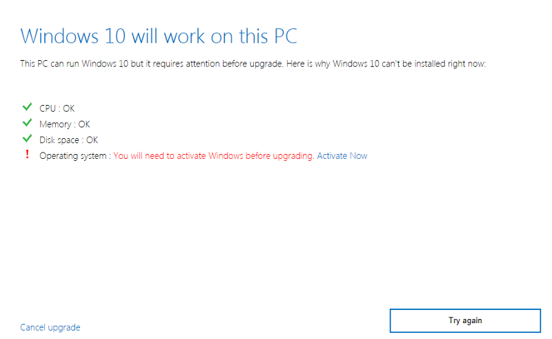 Как решить ошибку при переходе на Win 10 Operating system: You will need to activate Windows before upgrading