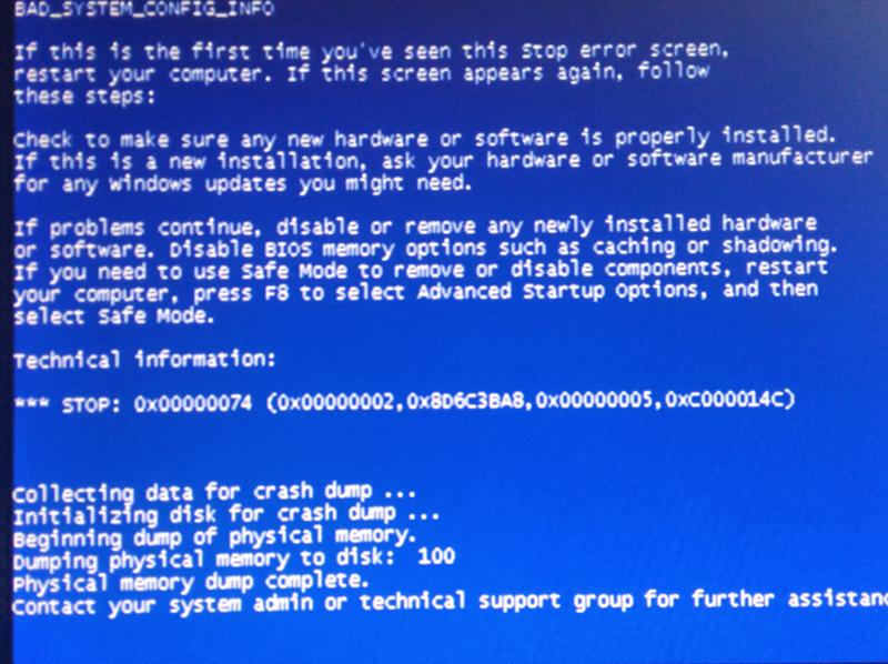 Не запускается Windows 7. Ошибка STOP: 0x00000074 0x00000002, 0x8o6c3bw8, 0x00000005, 0xc000014c