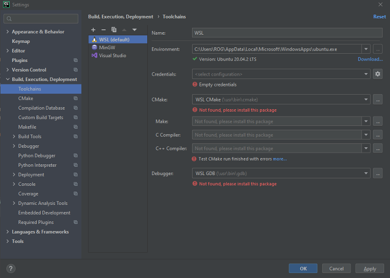 Clion Windows Subsystem for Linux пытаюсь подключить