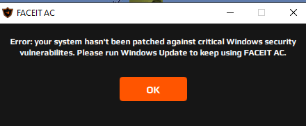 Тупой античит FACEIT ошибка error your system has not been patched against critical windows security vulnerabilities