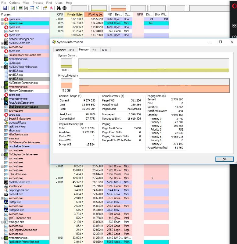 Нормально, что в win10 x64 при 16гб озу, система использует 8гб. То есть в простое 8гб используется