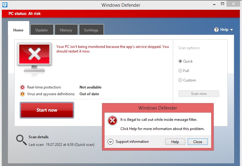 Как убрать эту проблему в windows defender Когда нажимаю Start Now вылезает надпись которую видете посередине