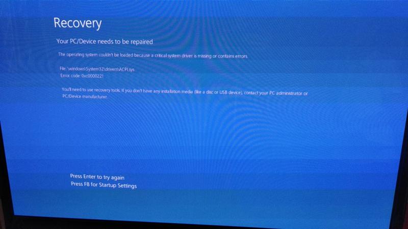 Синий экран windows 10 0xc0000221при установке