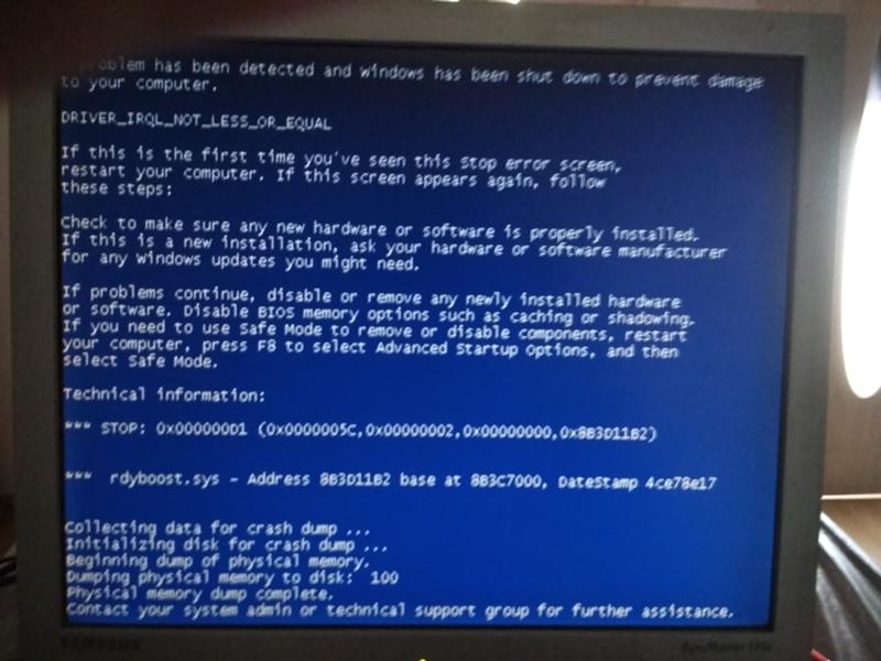 Синий экран смерти без возможности зайти в Windows rdyboost.sys