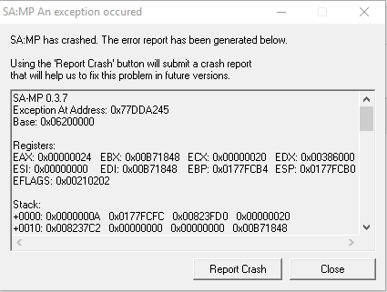 Краш в самп на виндовс 10 SA-MP 0.3.7 Exception At Address: 0x77DDA245 Base: 0x06200000