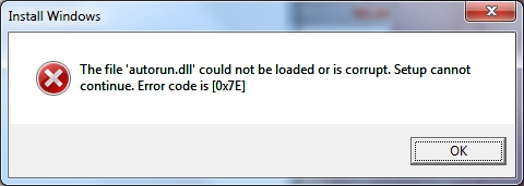 The file autorun dll could not be loaded or is corrupt error code 0x7e